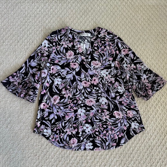 Kasper Floral Print Bell Sleeve Blouse/Top Split Neck Size 1X Office Career - Picture 2 of 12
